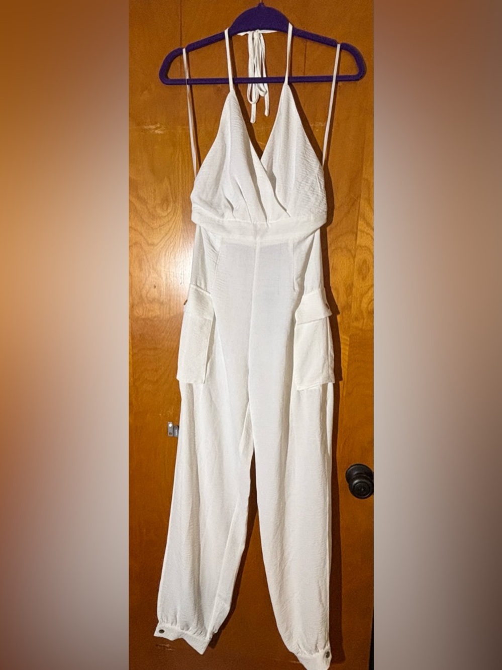 White Halter Jumpsuit with Utility Pockets, size small